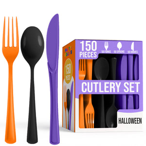150 Pc. Halloween Plastic Cutlery Combo Set | Orange, Purple & Black
