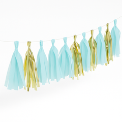 Elegant Baby Shower Tassel Garland with Gold and Blue Accents