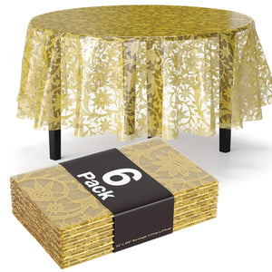 Round Gold Lace Plastic Table Covers | 6 Pack - 84 in.