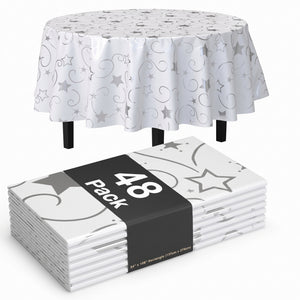 84 in. Round Silver Star Printed Plastic Table Cover | Case of 48