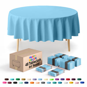 Round Sky Blue Plastic Table Cover | 84 in. | Case of 48