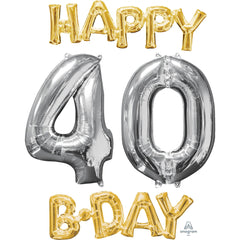 Metallic Gold & Silver "Happy 40 B-Day" Foil Balloon Set