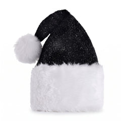 Deluxe Black Tinsel Santa Hat with Plush White Trim