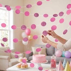 Bright Pink Polka Dot Glitter String Decorations - 6 Pack