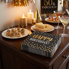 Black & Gold Birthday Beverage Napkins - 5 In. X 5 In.