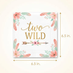 Boho Girl 2nd Birthday Party Napkins - 6.5 In. x 6.5 In. - "Two Wild" Gold Design, Pack of 16
