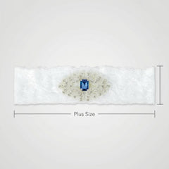 Something Blue Bridal Garter - White Lace Wedding Garter with Sapphire Rhinestone Applique, Plus Size Keepsake Garter for Bride