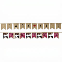 Western Howdy Y'all Banner Set - Reversible Burlap Party Decoration with Cowhide Bandana Garland, Pre-Strung Rustic Cowboy Rodeo Party Decor, 2 Piece, 6 ft