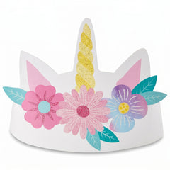 Enchanted Unicorn Paper Crowns with Floral Design, 8-Pack