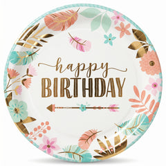 Boho Chic Happy Birthday Metallic Dinner Plates, 10.5-Inch, 8-Pack