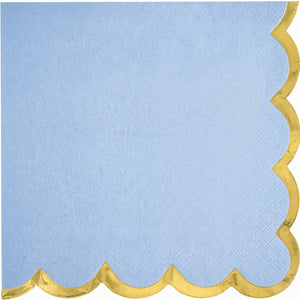 Scalloped Edge Beverage Napkins - Ice Blue with Gold Foil Border, Decorative Cocktail Napkins for Baby Shower, Birthday, Tea Party, Christening - 5 In. X 5 In.