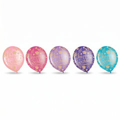 Happy Birthday Floral Latex Balloons - Gold Print Assorted Pink Purple Blue Teal 12-Inch 20-Pack for Elegant Birthday Party Decorations