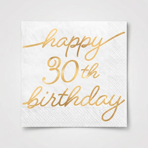 Golden Age "Happy 30th Birthday" Beverage Napkins, Gold/White, 16-Pack - 5 In. X 5 In.