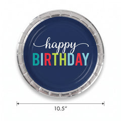 Modern Blue "Happy Birthday" Metallic Lunch Plates - 10.5"