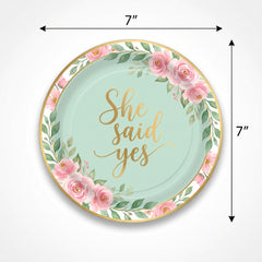 "She Said Yes" Floral 7" Round Metallic Mint Dessert Plates - 8 Pack