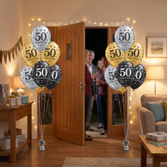 Sparkling 50th Birthday Latex Balloons, Black/Gold/Silver, 12-Inch, 15-Pack