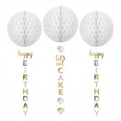 Metallic Gold and Silver Honeycomb Hanging Decorations with Tails, 3-Pack