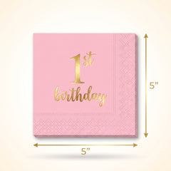 Metallic Pink and Gold 1st Birthday Beverage Napkins - 5 In. X 5 In.