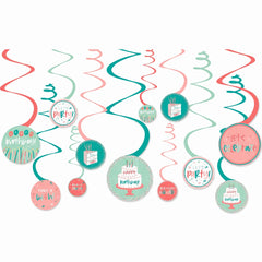 Happy Cake Day Spiral Hanging Decorations - Colorful Birthday Swirls, 12-Pack