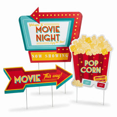 Movie Night Yard Sign Decorations - 3 Pack: Marquee, Arrow, & Popcorn