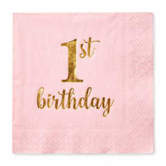 Metallic Pink and Gold 1st Birthday Beverage Napkins - 5 In. X 5 In.