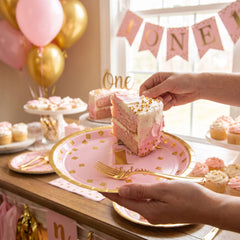Metallic Pink and Gold Confetti 1st Birthday Dessert Plates, 7-Inch, 8-Pack