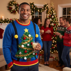 Men's Ugly Christmas Tree Sweater - Blue, L/XL