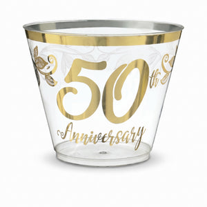 Elegant 50th Anniversary Plastic Tumblers, 9 oz, Clear/Gold, 30-Pack