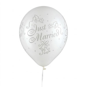 "Just Married" Wedding Latex Balloons, White/Silver, 12-Inch, 15-Pack