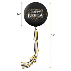 "Happy Birthday" Jumbo Latex Balloon with Black and Gold Tail - 24-Inch, 2-Pack