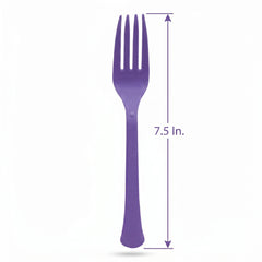 Purple Plastic Forks - Heavyweight Disposable Party Cutlery, 7.5 In. Durable Colored Plastic Silverware for Events, Birthdays, Catering