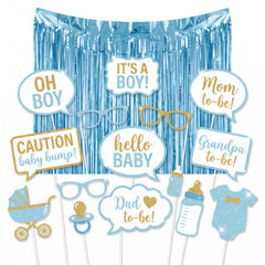 Glitter Baby Boy Shower Photo Booth Prop Kit with Blue Fringe Backdrop, 21-Piece Set