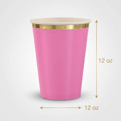 Bright Pink Paper Cups with Gold Trim - 12oz