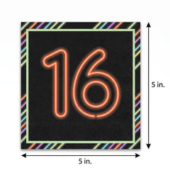 Neon "16" Birthday Beverage Napkins - Pack of 16 - 5 In. X 5 In.
