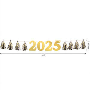 "2025" New Year's Tassel Garland Banner in Gold, Black, and Silver - 8 ft