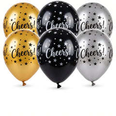 Cheers Star-Print Latex Balloons, Black/Gold/Silver, 11-Inch, 15-Pack
