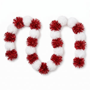 Festive Red & White Pom Pom Tinsel Garland - 9 ft