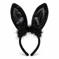 Black Marabou Bunny Ears Headband - Elegant Halloween Costume Accessory