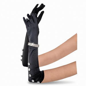 1920s Black Satin Elbow Gloves with Rhinestone Bracelet
