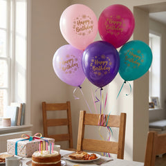 Happy Birthday Floral Latex Balloons - Gold Print Assorted Pink Purple Blue Teal 12-Inch 20-Pack for Elegant Birthday Party Decorations