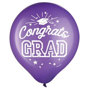 "Congrats Grad" Purple Latex Balloons, 12-Inch, 15-Pack