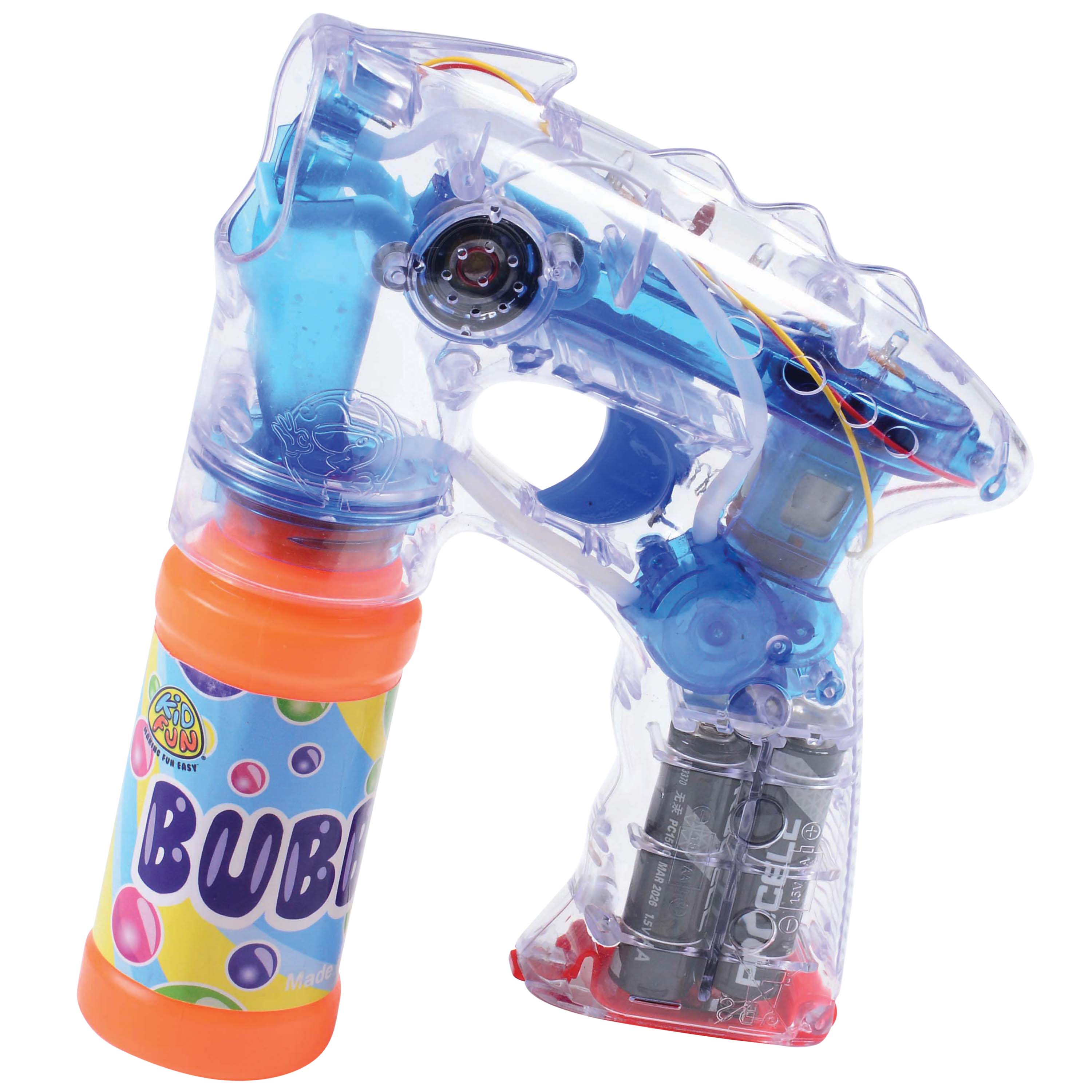 Clear plastic bubble gun with orange bubble solution bottle, showing internal mechanics