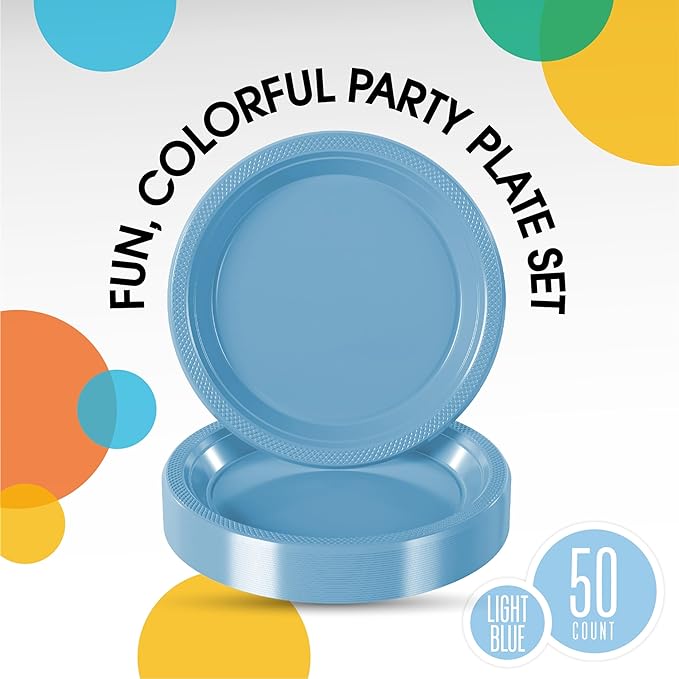 7 In. Light Blue Plastic Plates | 50 Count