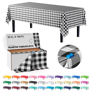 54 in. x 100 Ft. Cut to Size Plastic Table Cover | Black Gingham