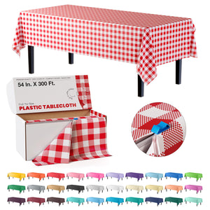 54 in. x 300 Ft. Cut to Size Plastic Table Cover | Red Gingham