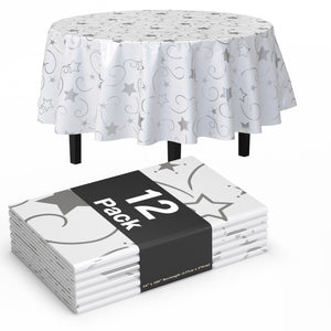 Round Silver Star Printed Plastic Table Covers | 12 Pack | 84 in.