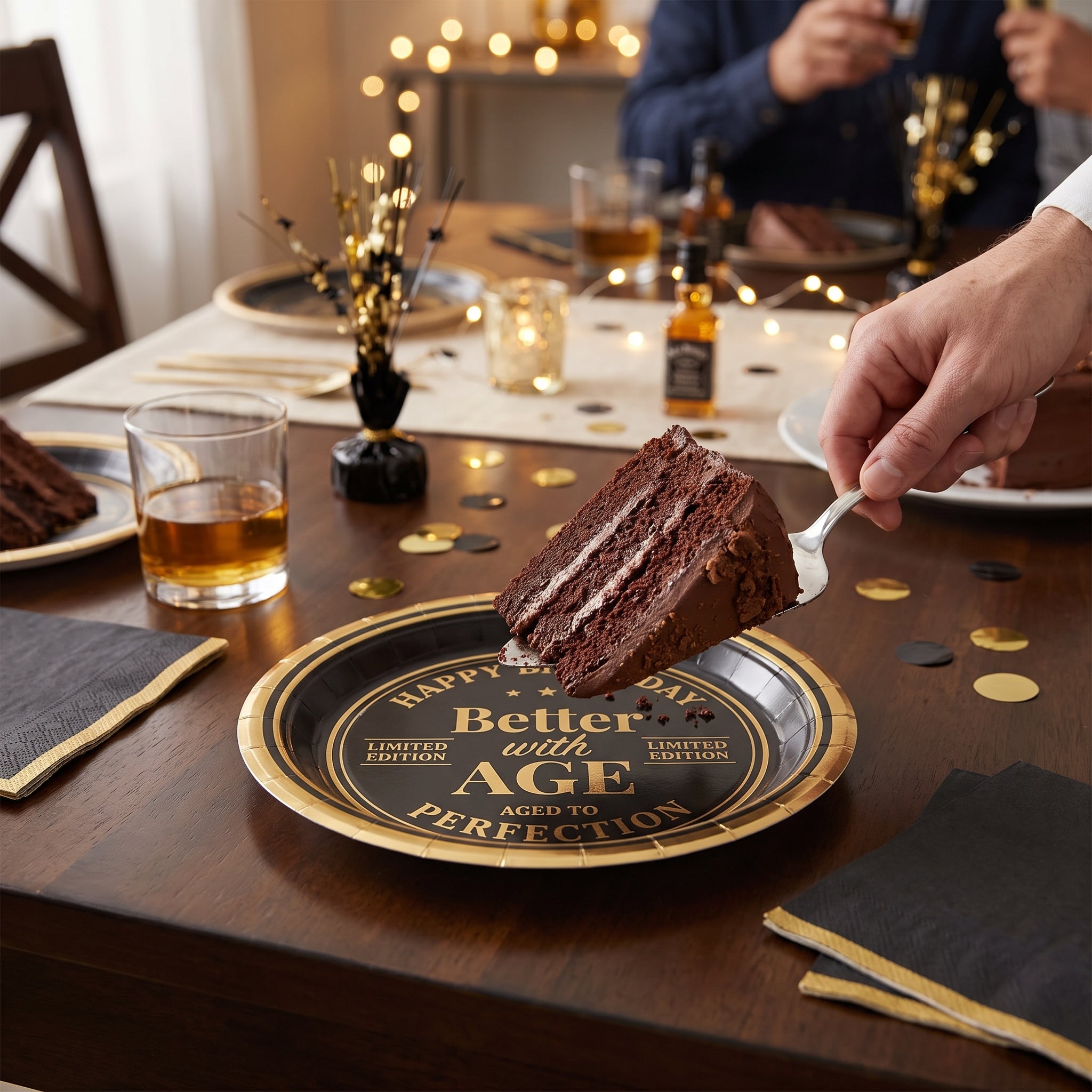 Better with Age Birthday Round Plates, Black/Gold, 10.5-Inch, 8-Pack