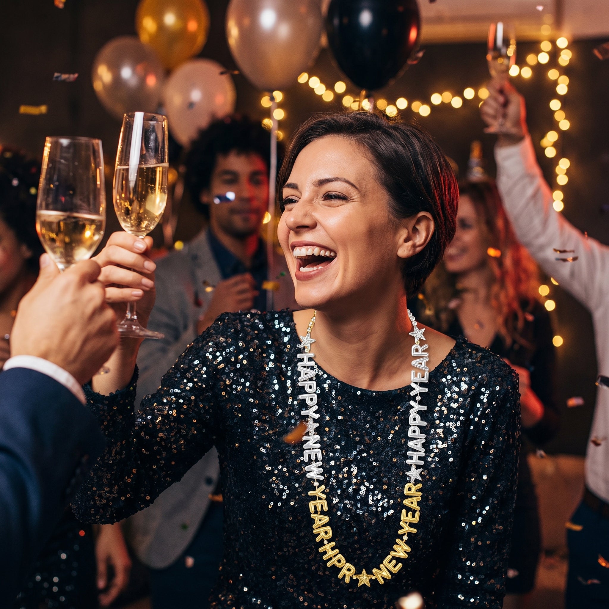 Glittering "Happy New Year" Bead Necklace - Gold & Silver, 32"