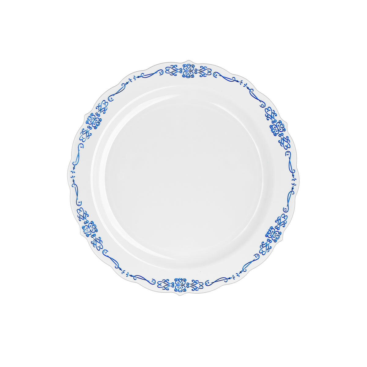 10 In. White/Navy Victorian Design Plates | 20 Count