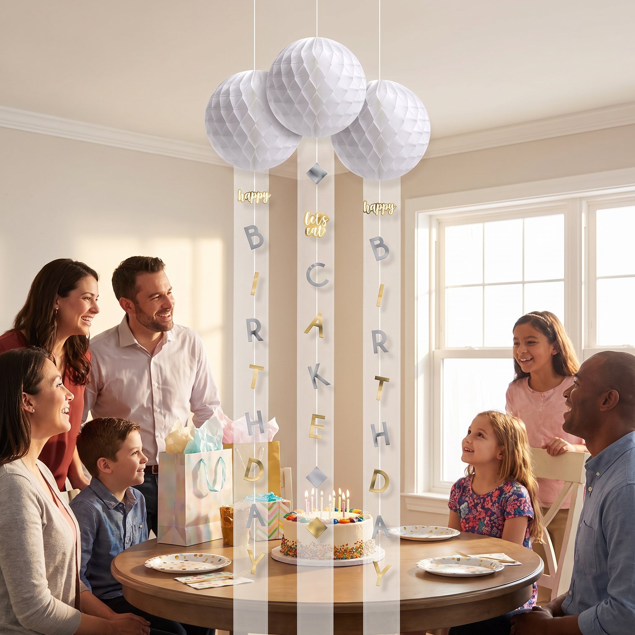 Metallic Gold and Silver Honeycomb Hanging Decorations with Tails, 3-Pack